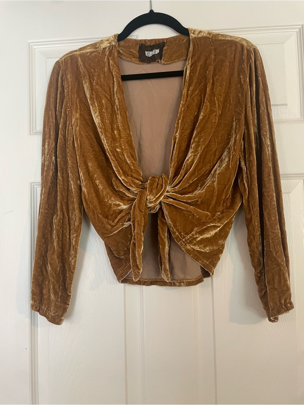 Reformation Velvet Tie-Front Long Sleeve Top in Golden Tan